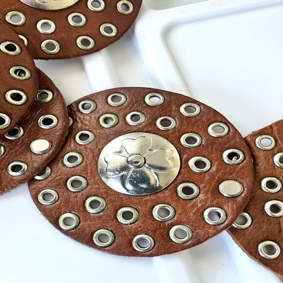 Moroccan Brown leather belt with engraved metal discs, silver toned grommets and - Picture 3 of 3